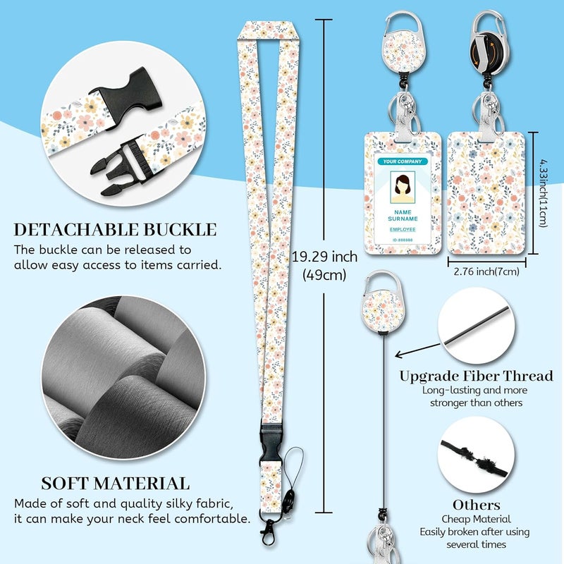 Hancynir Floral Flower Lanyards for Id Badges, Cute Badge Holder with Retractable Reel Clip, Work Name Tags Keychain Lanyard with ID Holder, Card Protector for Women Teacher Nurse Doctor Office Gifts - Image 4